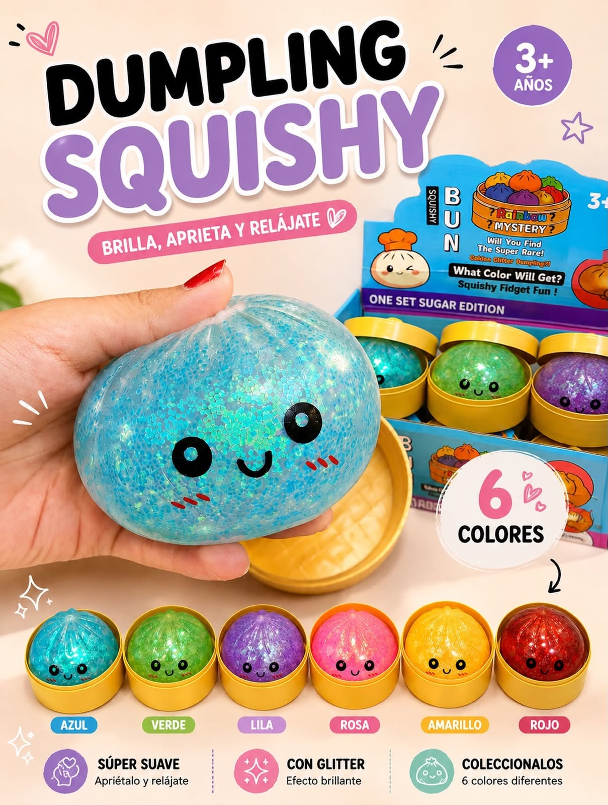 Squishy azul com glitter e opções em seis cores